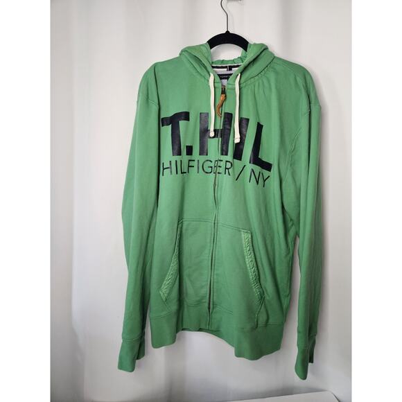 Tommy Hilfiger Men's Big Logo Full Zip Hoodie Size XL Green Navy Letters - Picture 1 of 9